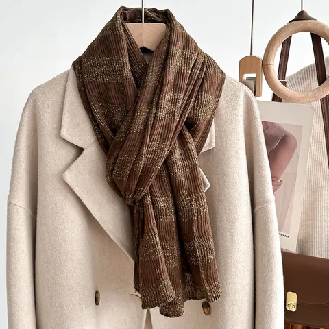 Vrouwen Herfst Winter Veelzijdige Katoen Linnen Geplooide Metaalgaren Sjaal Lange Warme Decoratieve Sjaal