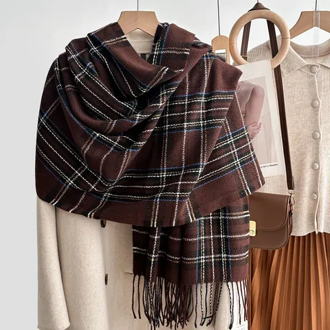 Classic Plaid Faux Cashmere Scarf Women Winter Warm Tassel Long Wrap Shawl Elegant Casual Soft Daily Scarves