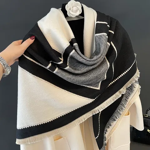 Dames Herfst Winter Imitatie Kasjmier Sjaal Geometrisch Kleurenblok Kwast Franje Warme Zachte Sjaal Doek