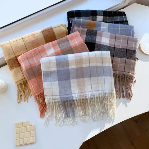 Winter Warme Ruitjes Sjaal Voor Vrouwen Klassieke Imitatie Kasjmier Franje Sjaal Mode Casual Zachte Lange Nek Sjaal