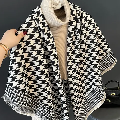Dames Winter Warm Verdikte Sjaal Klassiek Hondenpoot Patroon Grote Vierkante Sjaal Veelzijdig Polyester Mode