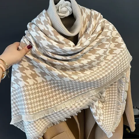 Dames Winter Warm Verdikte Sjaal Klassiek Hondenpoot Patroon Grote Vierkante Sjaal Veelzijdig Polyester Mode
