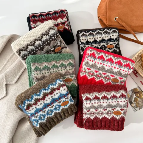 Womens Winter Warm Thickened Knitted Scarf Vintage Fair Isle Jacquard Pattern Soft Casual Neck Warmer