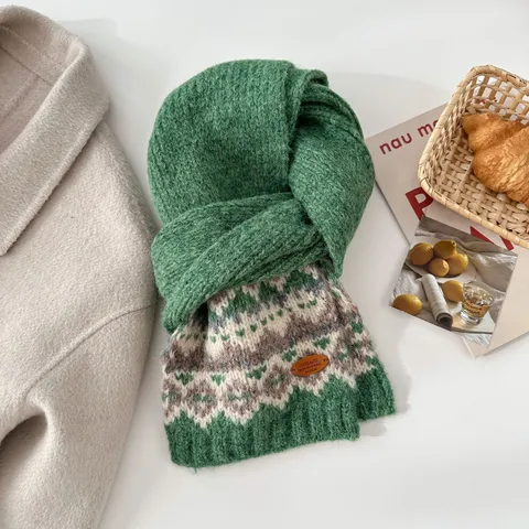 Womens Winter Warm Thickened Knitted Scarf Vintage Fair Isle Jacquard Pattern Soft Casual Neck Warmer