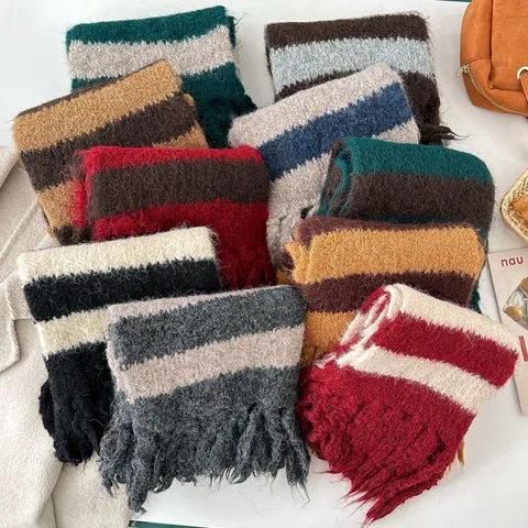 Mode Winter Warm Gebreide Sjaal Kwast Ruit Imitatie Kasjmier Lange Sjaal Voor Vrouwen Dagelijkse Casual Kleding