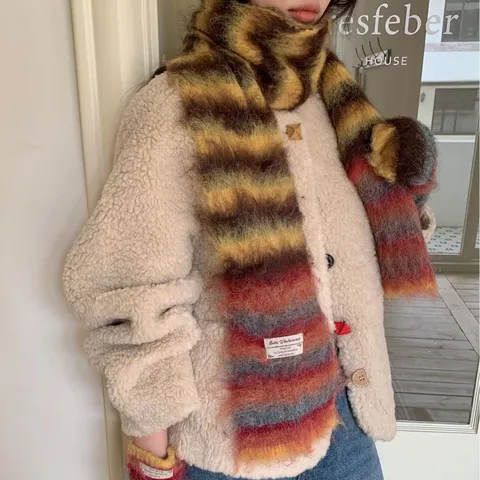 Koreaanse Stijl Zachte Gestreepte Mohair Polyester Gebreide Sjaal Dames Herfst Winter Warm Mode Casual Lange Wikkel Sjaal