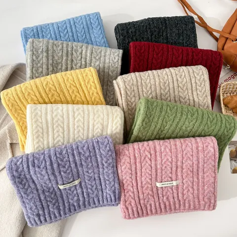 Koreaanse Stijl Effen Kleur Kabelbreisel Sjaal Voor Vrouwen Herfst Winter Warm Wolmix Zacht Casual Mode Hals Sjaal
