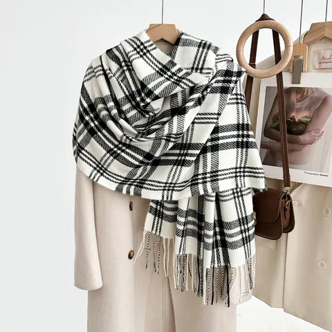 Herfst Winter Mode Ruit Sjaal Voor Dames Minimalistische Stijl Kasjmier-Gevoel Warme Sjaal Klassieke Franjes