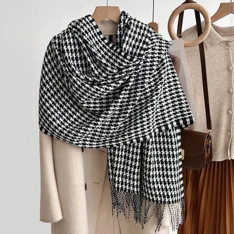 Winter Warme Kwast Sjaal Klassieke Hahnentritt Imitatie Kasjmier Casual Zacht Veelzijdige Lange Hals Sjaal Voor Vrouwen Mannen