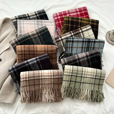 Dames Winter Verdikte Ruitjes Sjaal Warm Koreaanse Stijl Bouclé Garen Kwastjes Sjaal Mode Casual Lange Sjaal