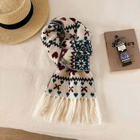 Vrouwen Winter Warm Gebreide Sjaal Koreaanse Ins Stijl Fair Isle Jacquard Kwast Nekwarmer Mode Sjaal