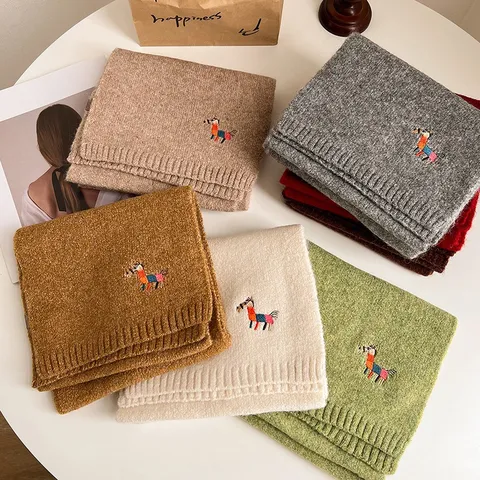 Damen Winter Warmer Schal Wollmischung Strickschal Süßes Pony Stickerei Verdickter Weicher Casual Tägliche Halsskal