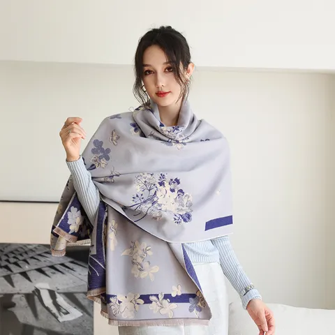 Damen Herbst Winter Retro Blumen Imitat Kaschmir Schal Doppelseitig Warm Tuch Mode Elegant Langer Schal