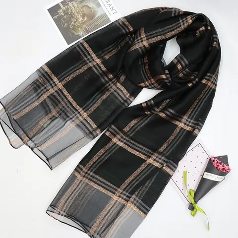 Dames Lange Zijde Ruitjes Sjaal Metallische Glans Dunne Zonnebescherming Sjaal Elegante Mode Accessoires Voor Outdoor Reizen