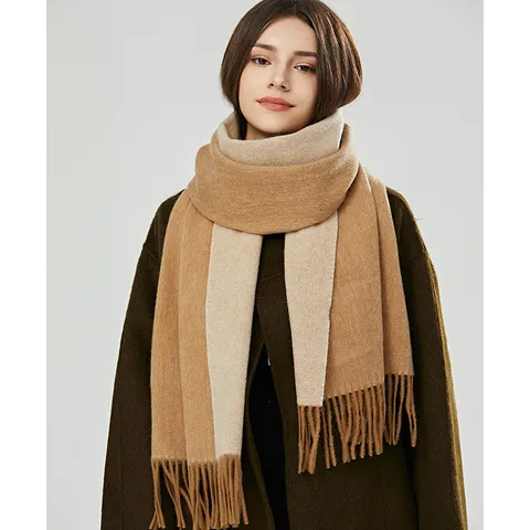 Reine Wolle Schal Für Damen Winter Doppelseitig Color Block Quaste Warm Langer Halswärmer Mode Casual Verdickter Schal
