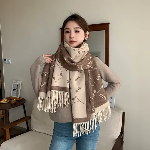 Winter Warm Imitat Kaschmir Schal Süßes Cartoon Katzenmuster Doppelseitig Jacquard Quaste Verdickter Schal Für Damen