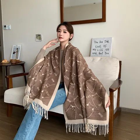 Winter Warm Imitat Kaschmir Schal Süßes Cartoon Katzenmuster Doppelseitig Jacquard Quaste Verdickter Schal Für Damen