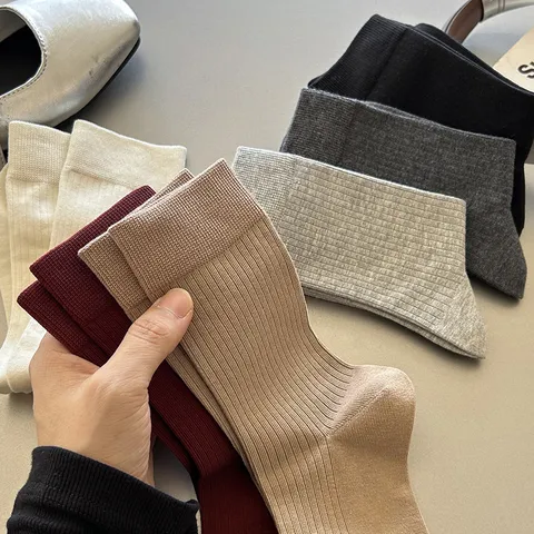 Damen Gekämmte Baumwolle Mittelhohe Slouch-Socken Einfarbig Rippenstrick Pile-Socken Nahtlose Fußspitze Atmungsaktive Socken