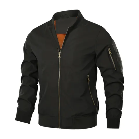 Men Retro Bomber Jacket Stand Collar Zipper Windproof Waterproof Breathable Polyester Top Casual Flight Jacket Outerwear