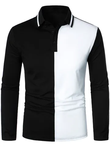 Herren Casual Langarm Polohemd Baumwollmischung Farbblock Gestreift Revers Top Für Herbst Urbane Mode Modische Alltagskleidung