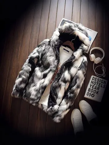 Heren Faux Bontjas Met Capuchon Winter Pluche Jas Warm Kunstbont Bovenkleding Spatpatroon Slim Fit Heren Top