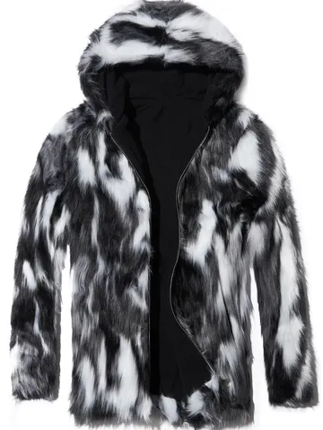 Heren Faux Bontjas Met Capuchon Winter Pluche Jas Warm Kunstbont Bovenkleding Spatpatroon Slim Fit Heren Top