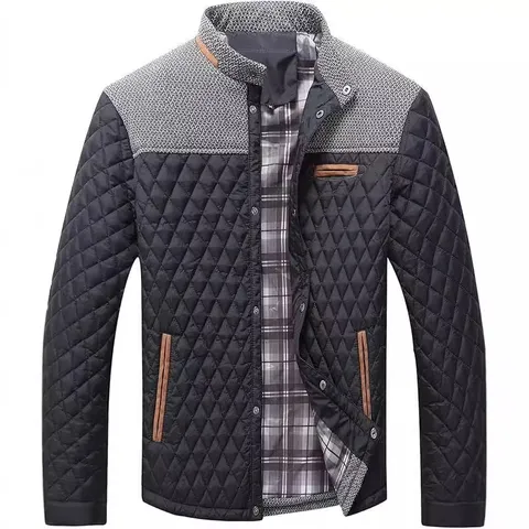 Men's Casual Diamond Quilted Padded Jacket Contrast Shoulder Patchwork Stand Collar Winter Warm Thickened Cotton Coat Top