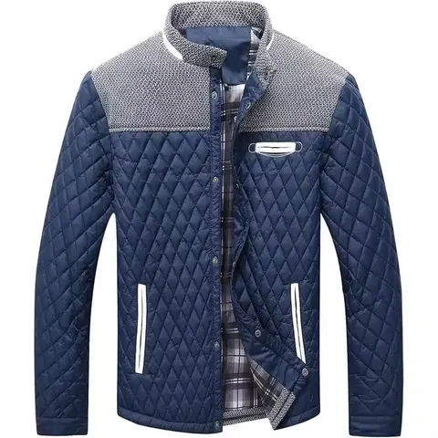 Men's Casual Diamond Quilted Padded Jacket Contrast Shoulder Patchwork Stand Collar Winter Warm Thickened Cotton Coat Top