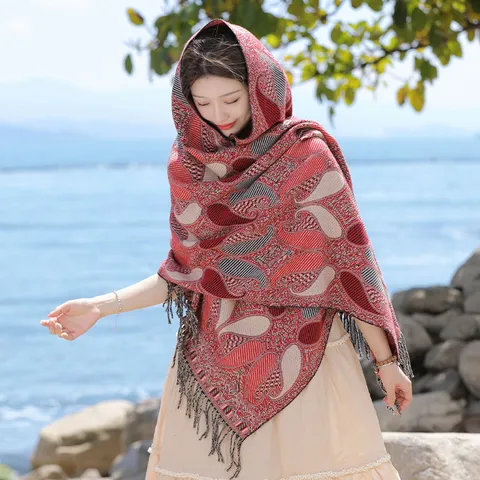Mantella Boho Etnica Retrò Donna Sciarpa Scialle in Finta Cashmere Ispessita Calda Abbigliamento Esterno Moda Invernale