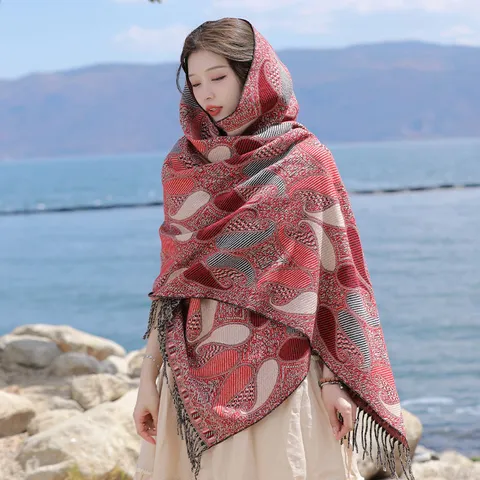 Mantella Boho Etnica Retrò Donna Sciarpa Scialle in Finta Cashmere Ispessita Calda Abbigliamento Esterno Moda Invernale