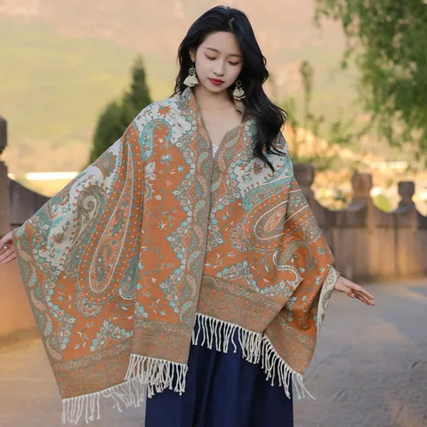 Women Winter Warm Imitation Cashmere Shawl Vintage Ethnic Paisley Printed Tassel Cape Oversized Soft Scarf