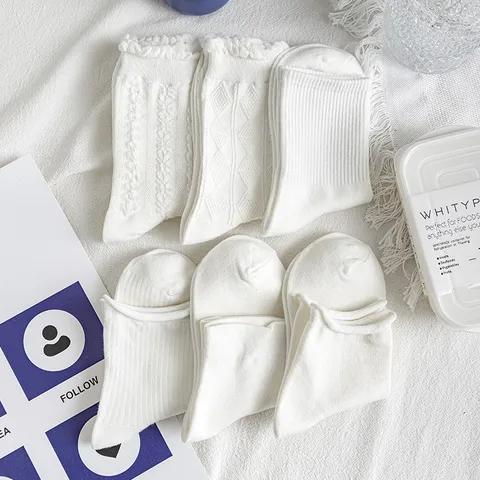 Damen Weiß Freizeitsocken Rüschenkante Rautenmuster Gerippt Wadenlang Socken Minimalistisch Süßer Stil Weich Einfarbig Baumwollsocken Für Schule Alltag