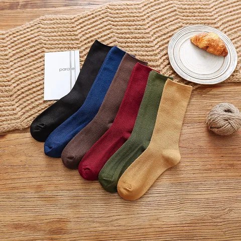 Japanischer Stil Baumwolle Slouch-Socken Für Damen Retro Rippenstrick Einfarbig Rollsaum Wadenlang Casual Socken Komfort