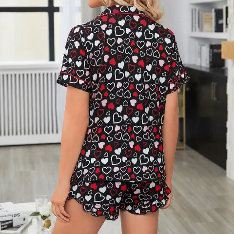 Pijama para Mujer con Estampado de Corazón Conjunto Top y Pantalón Corto Loungewear Poliéster Spandex Ribete de Contraste