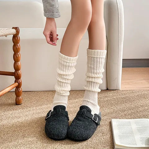 Women Korean Ribbed Knit Leg Warmers Solid Color Slouch Leggings Stirrup Over Knee Footless Long Socks Winter Cozy Calf Covers