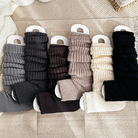 Women Korean Ribbed Knit Leg Warmers Solid Color Slouch Leggings Stirrup Over Knee Footless Long Socks Winter Cozy Calf Covers