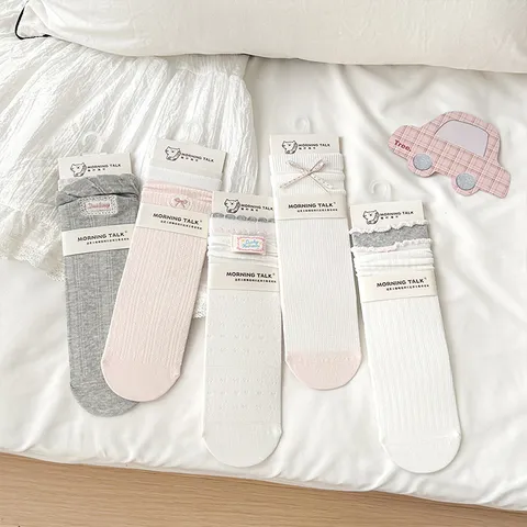 Ballett-Stil Süße Schleife Mittelhohe Socken Für Damen Koreanische INS Spitzenbesatz Baumwolle Atmungsaktiv Dünne Socken