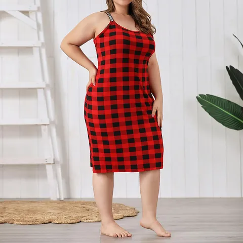 Women Plus Size Red Black Plaid Sleeveless Spaghetti Strap Sleep Dress Casual Loose Summer Nightgown Sleepwear