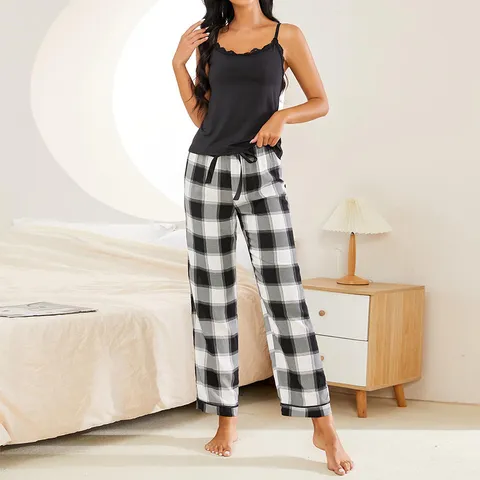 Women Summer Fashion Plaid Camisole Long Pants Pajama Set Viscose Blend Lace Trim Two Piece Sleepwear Loungewear