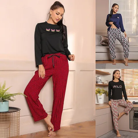 Women Long Sleeve Pajama Set Casual Sleepwear Top And Bottom Butterfly Floral Print Soft Comfortable Loungewear