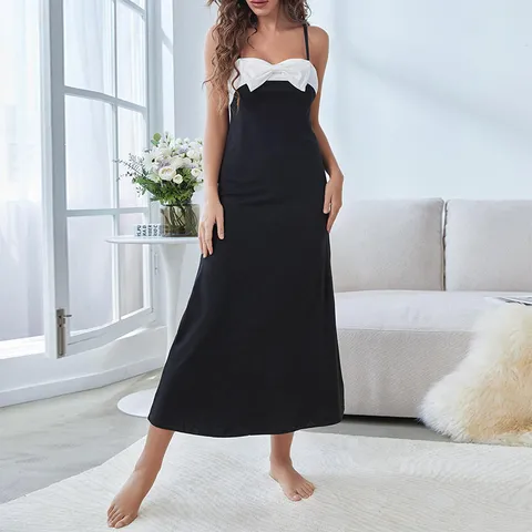 Robe de Nuit Sexy Style Français pour Femmes Cami Été Sans Manches Nœud Assemblage de Couleurs