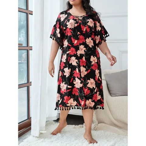 Women Plus Size V Neck Tassel Drawstring Short Sleeve Lily Floral Print Casual Long Nightdress Loose Sleepwear