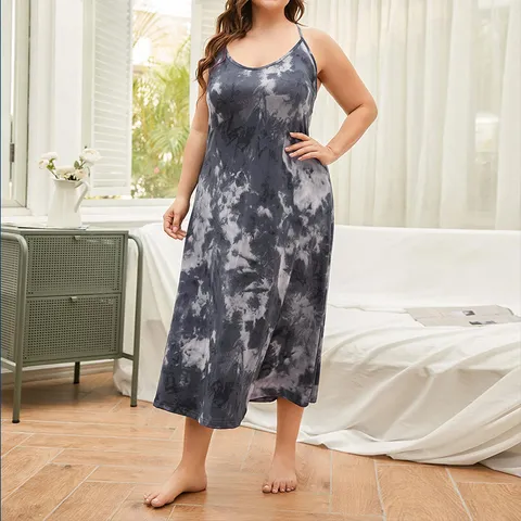 Women Plus Size Tie Dye Chemise Sleepwear Casual V Neck Sleeveless Long Nightgown Loose Lounge Slip Dress