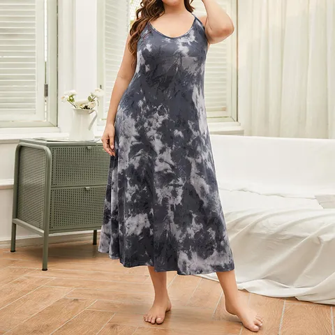 Women Plus Size Tie Dye Chemise Sleepwear Casual V Neck Sleeveless Long Nightgown Loose Lounge Slip Dress