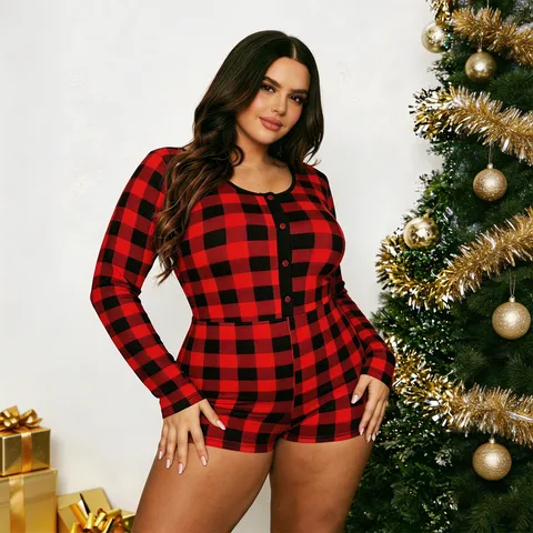 Women Plus Size Christmas Red Black Plaid Long Sleeve Shorts Jumpsuit Polyester Pajamas Casual Loungewear Sleepwear