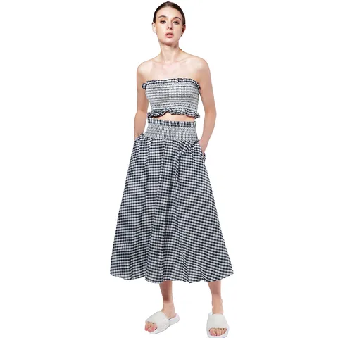 Women Bohemian Strapless Plaid Crop Top And Midi Skirt Two Piece Set Casual Sweet Summer Beach Outfit Clothing