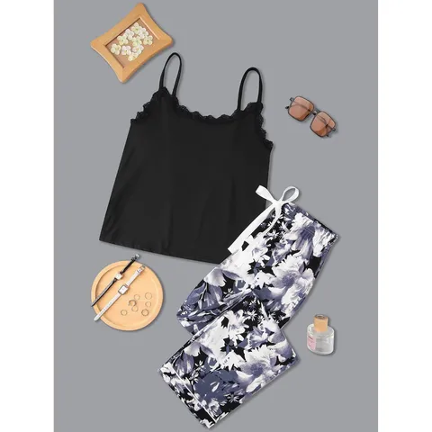 Set Pigiama da Donna con Top e Pantaloni Finitura in Pizzo Misto Viscosa Abbigliamento da Notte Primavera Autunno Casual Casa