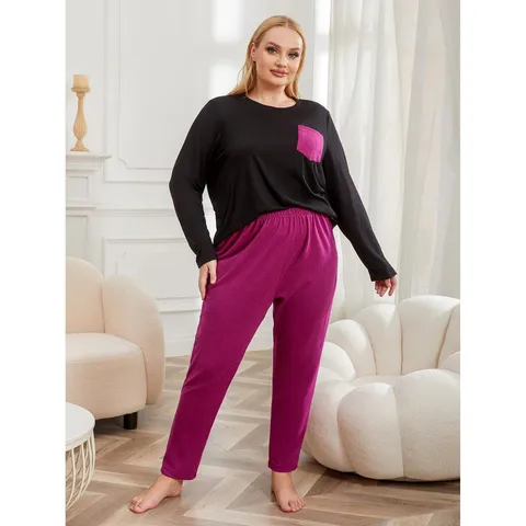 Ensemble Loungewear Manches Longues Grande Taille pour Femmes Haut Pullover Col Rond Couleur Unie et Pantalon Long Vêtements de Nuit d'Hiver