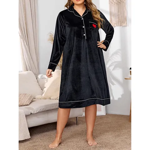Plus Size Velvet Long Sleeve Nightgown For Women Winter Warm Fleece Sleepwear Casual Loose Maxi Sleep Dress