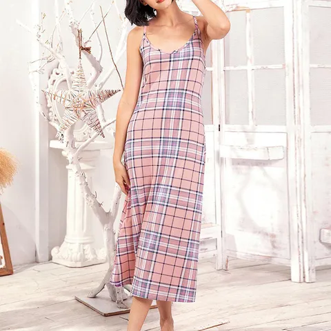 Chemise de Nuit Femme Sexy Col V Sans Manches Carreaux Mélange Polyester Bretelles Spaghetti Longue Robe de Nuit Vêtements de Nuit